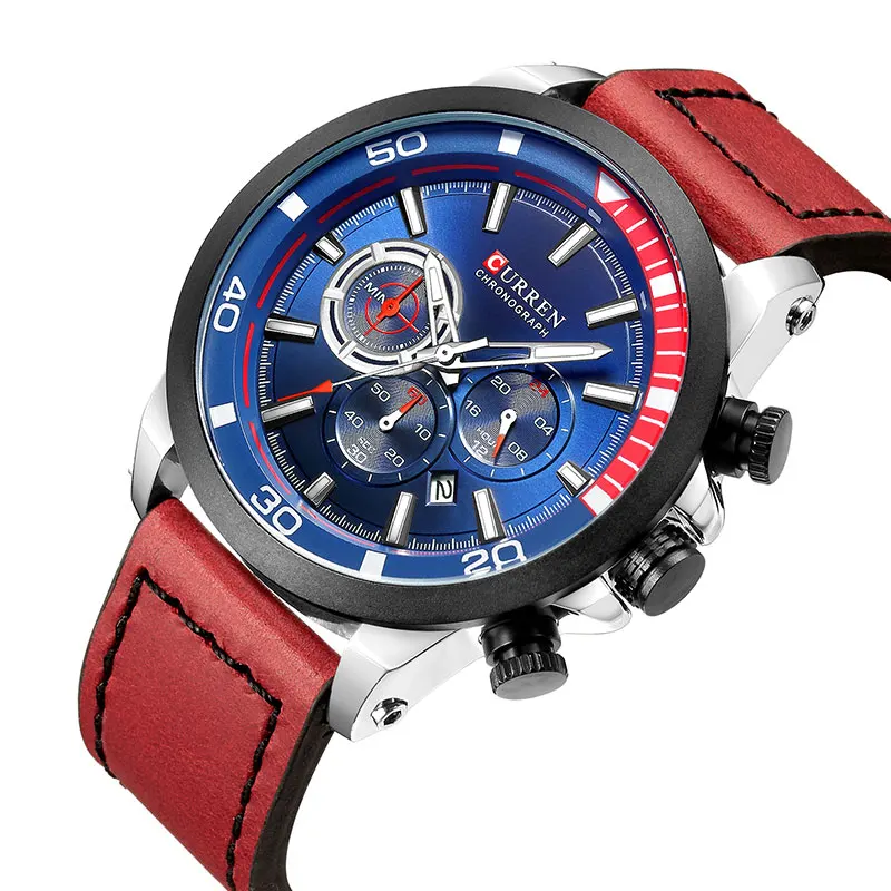 Red Blue Мужские часы CURREN Топ бренд класса люкс Модные кварцевые часы мужские кожаные водонепроницаемые спортивные наручные часы Мужские часы Relogio Masculino - Цвет: Red Blue