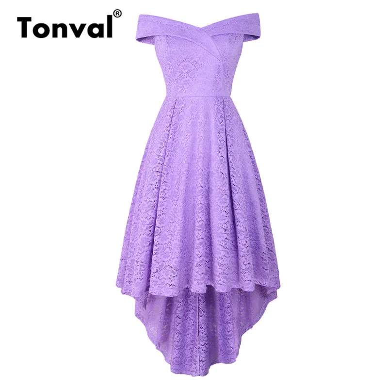 

Tonval Purple High Low Hem Off Shoulder Sexy Lace Dress Women Fit and Flare Elegant Cocktail Party Night Midi Dresses