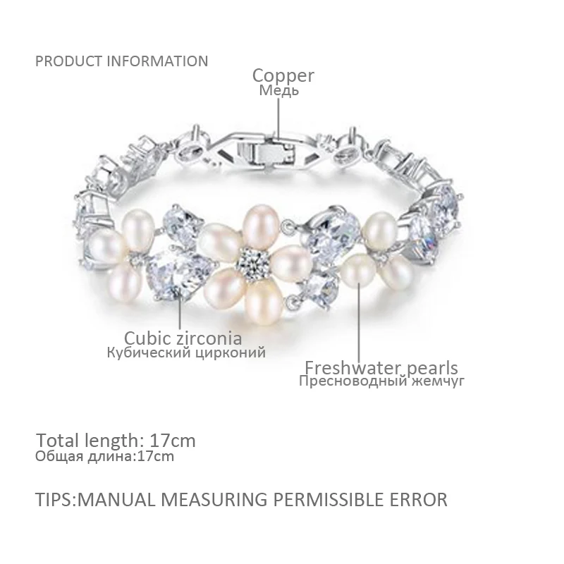 Aitunan Romantic Silver Color CZ Zircon Natural Freshwater Pearl Bracelet Flower Crystal Bracelets For Women Rice Jewelry | Украшения и