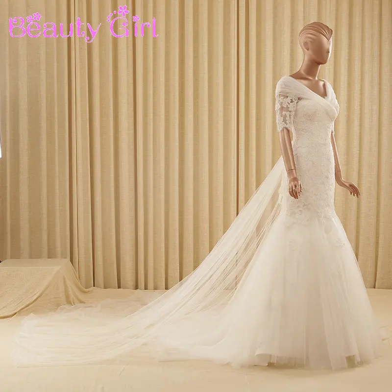 Real Photos Half Sleeve Lace Mermaid Wedding Dresses V Neck Court Train Bridal Gowns Up Back robe de mariee | Свадьбы и торжества