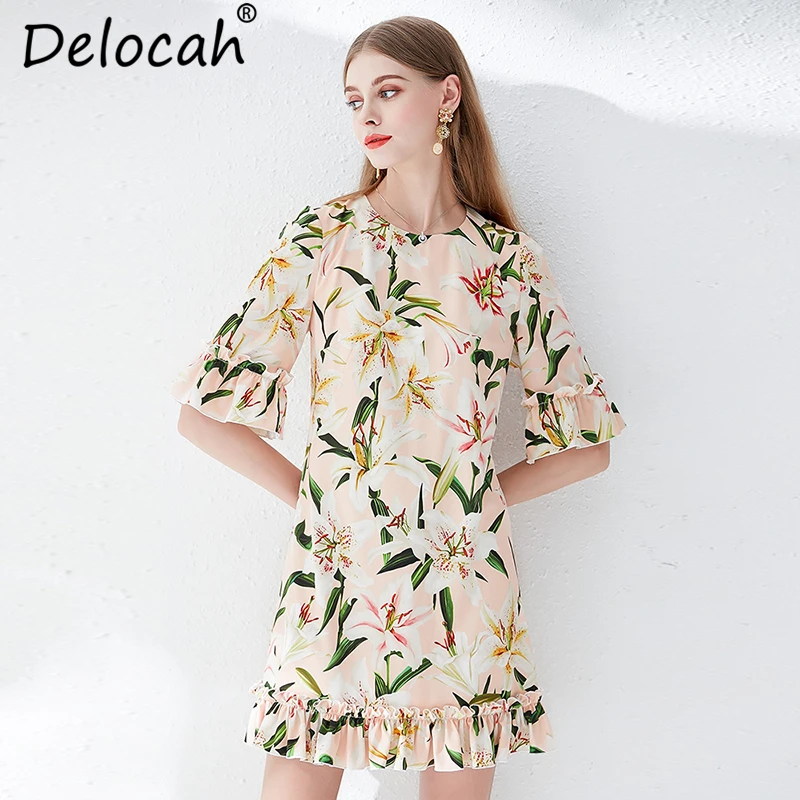 Delocah, женское летнее платье, подиум, модный дизайн, рукав-фонарик, цветочный принт, с рюшами, элегантное, повседневное, праздничное, свободные платья