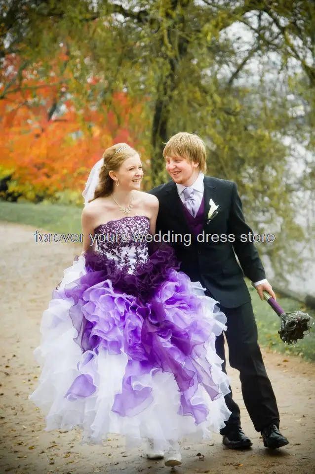 Purple and White Ombre Wedding Dress Strapless with Lace Organza sleeveless appliques bridal dresses 2016 AQ-243 | Свадьбы и