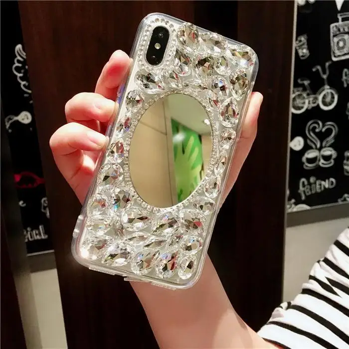 Креативные Rhinestone задняя крышка-чехол для телефона с зеркалом для макияжа для серебро iPhone легко надевается и снимается