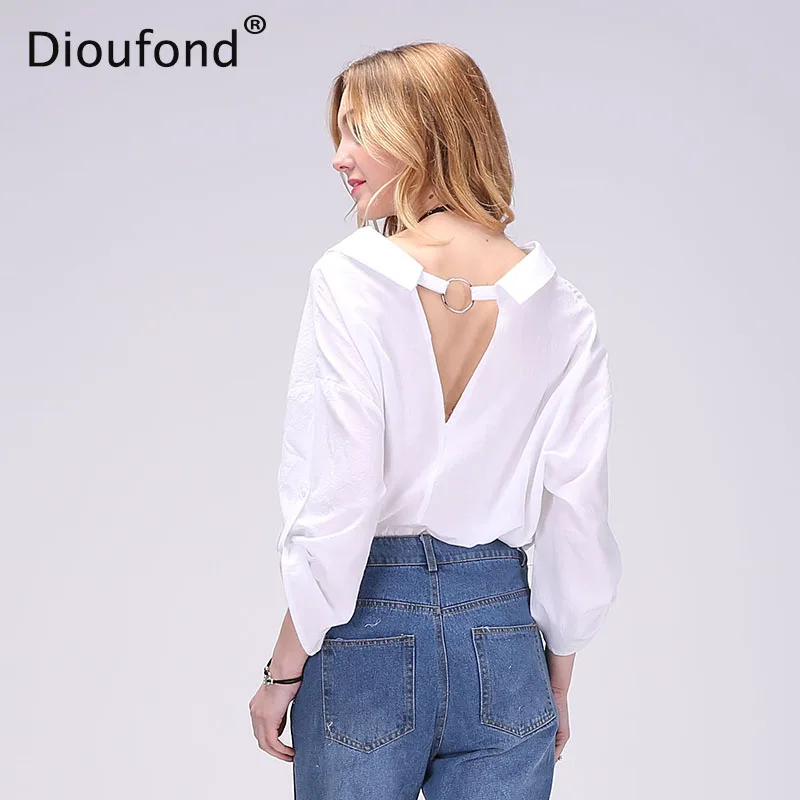 Женская блузка с открытой спиной Dioufond белая Свободная из 2017 хлопка V-образным