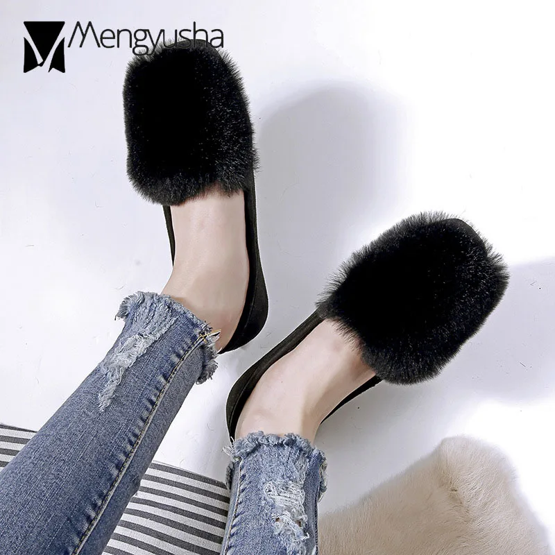 Большой size42/43 кроличий мех Женская обувь на плоской подошве без шнуровки Зимние