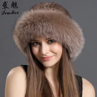 real fur hat winter for womens caps natural mink fur with fox fur hat luxury brand new solid russian sun knitting buckets hats