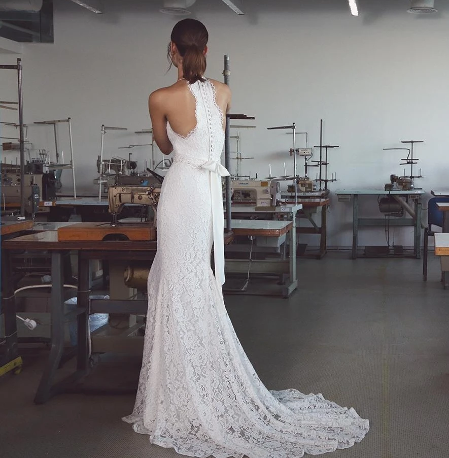 Винтажные Свадебные платья русалки 2020 с вырезом на шее полностью стильные