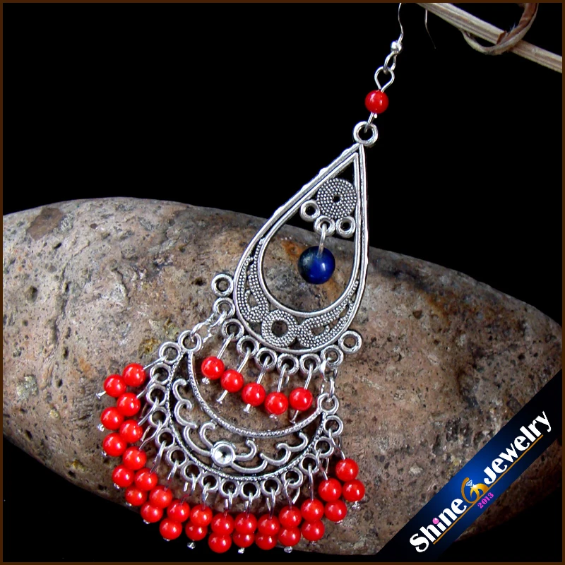 Винтажные тибетские стильные модные украшения серьги для женщин с коралловым