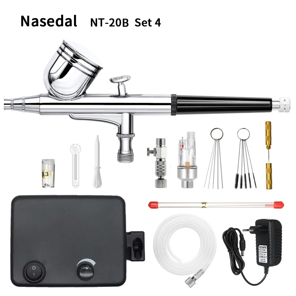 NT-20B Set4 Nasedal, Двойное действие, аэрограф, компрессор, комплект, пистолет-распылитель, макияж, автомобильный краскопульт, дизайн ногтей, краска, тату, модель, торт, автомобильная краска, инструмент - Цвет: NT-20B Set4