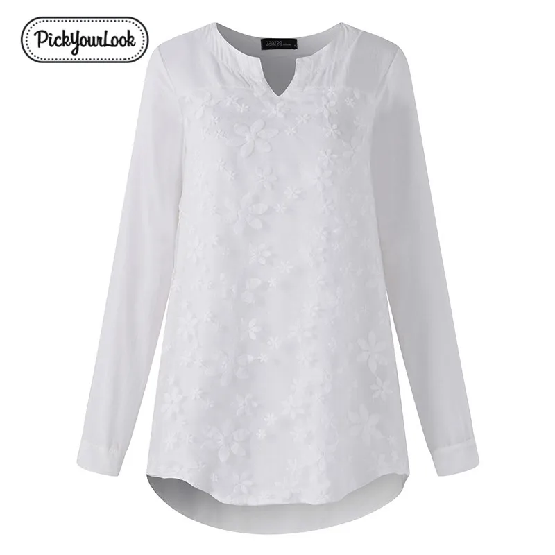 White PickyourLook женские блузки размера плюс, кружевные цветочные свободные топы, белая рубашка с длинным рукавом из хлопка, повседневная женская блузка с v-образным вырезом 5XL - Цвет: White