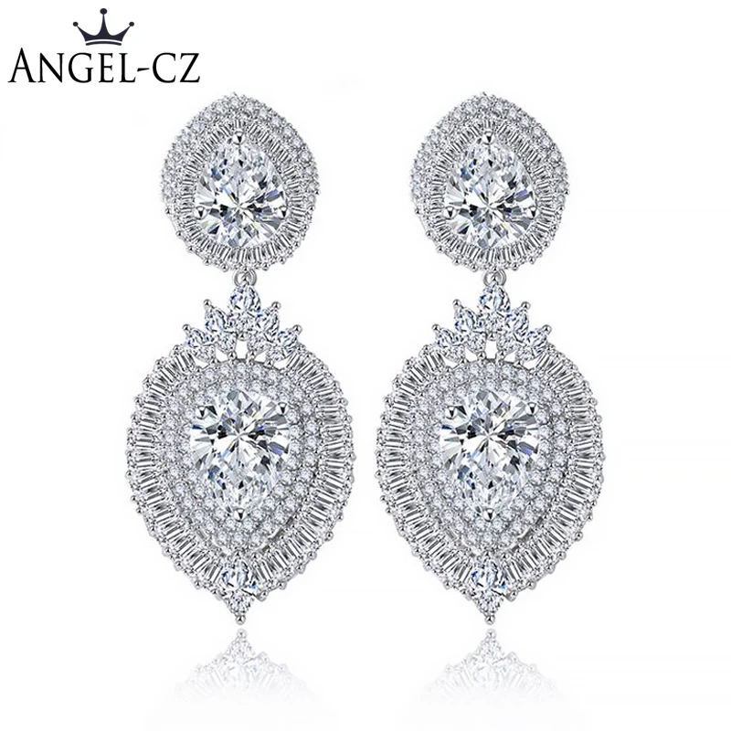 

ANGELCZ Luxury Big Water Drop Bridal Earrings Full Micro Pave AAA Cubic Zirconia Statement Party Jewelry For Wedding Gift AE166