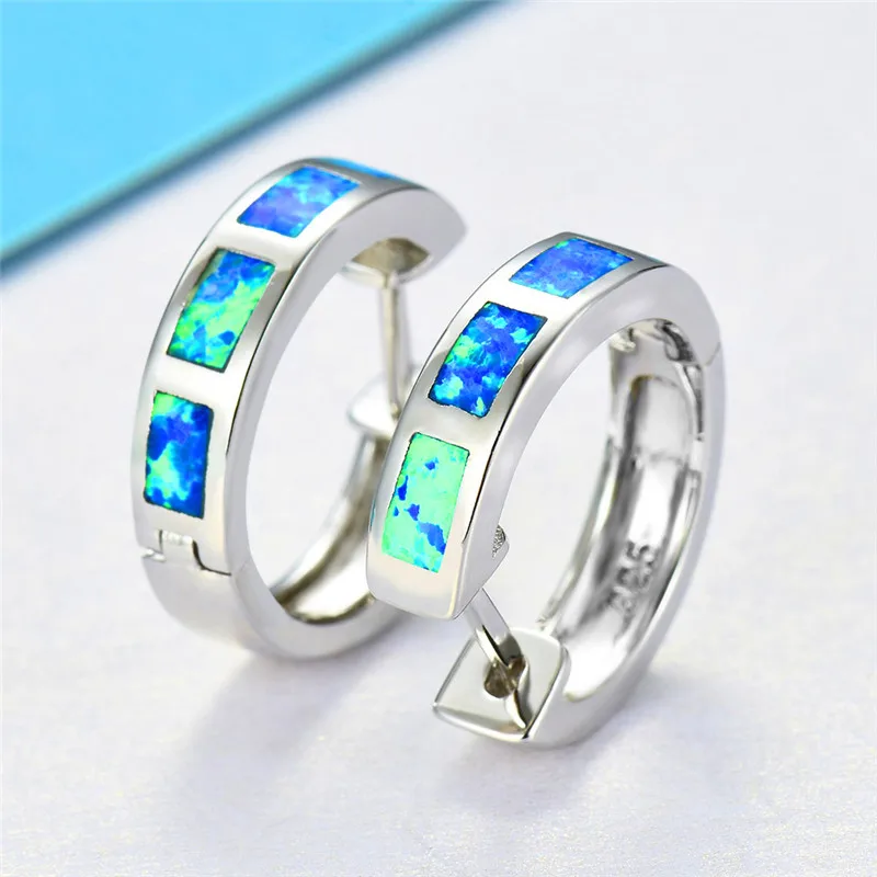 Blue Opal 925 пробы Серебряный Круглый Серьги Кольца для женщин мужчин сине белые огненный опал серьги женские, мужские свадебные пирсинг украшения подарки - Окраска металла: Blue Opal