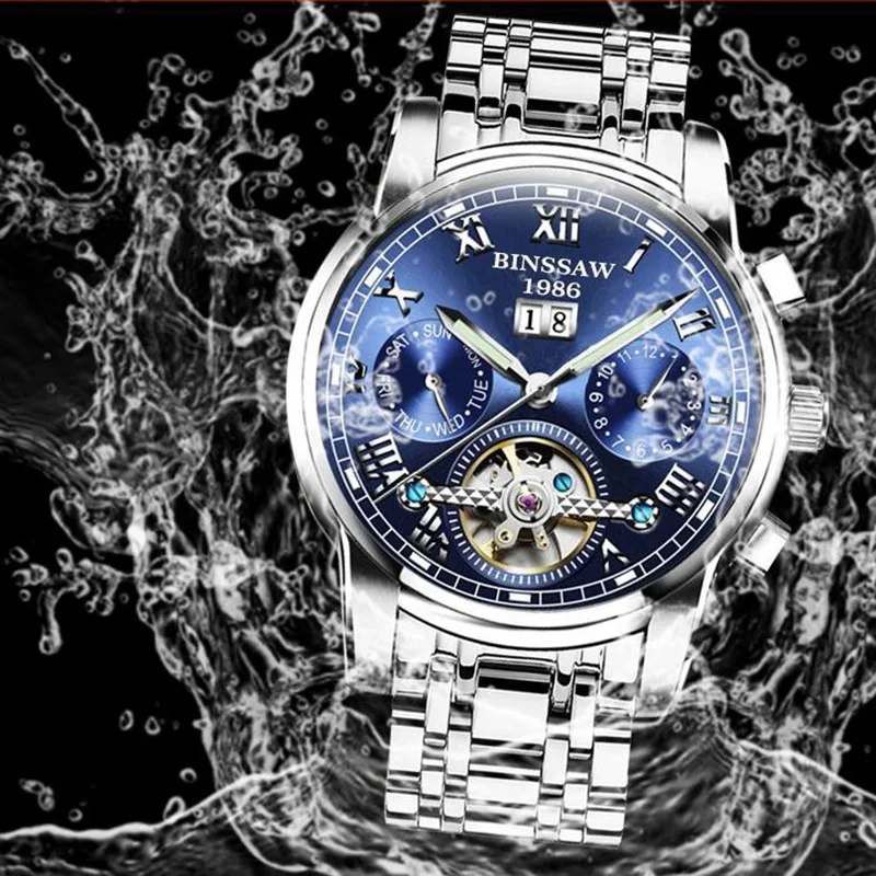 BINSSAW Tourbillon Мужские автоматические часы Топ бренд механические нержавеющая сталь