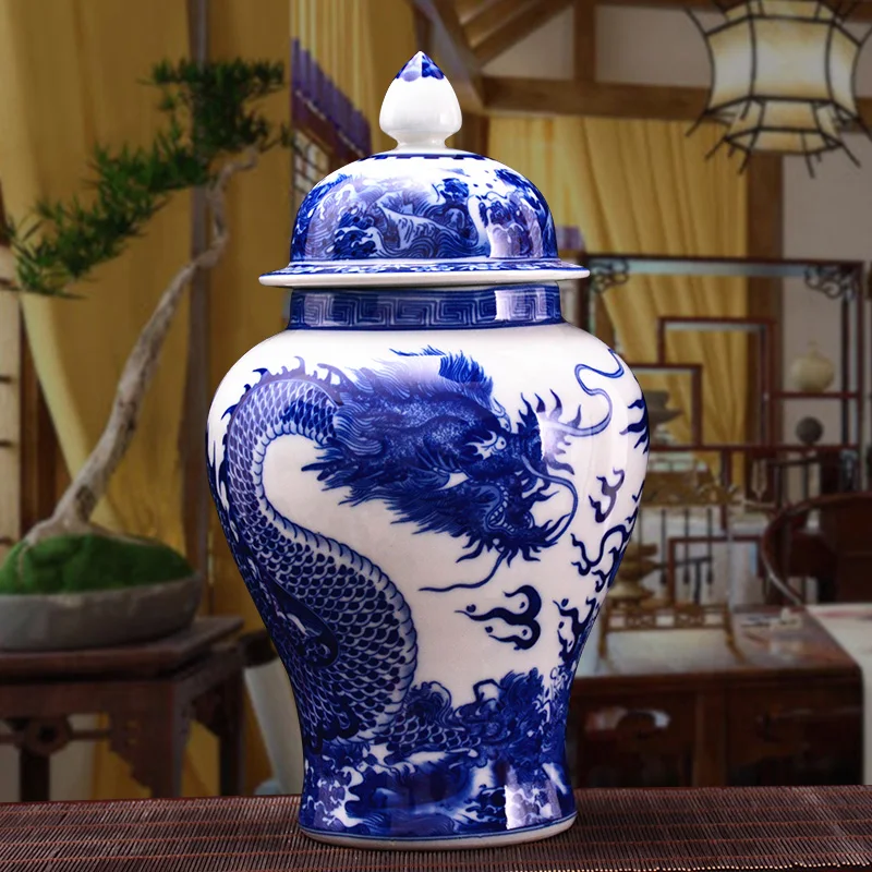 Antique Chinese Dragon Classical Qing Ceramic Big Ginger Jar Blue and White Porcelain Floor Vase For Precious Gift