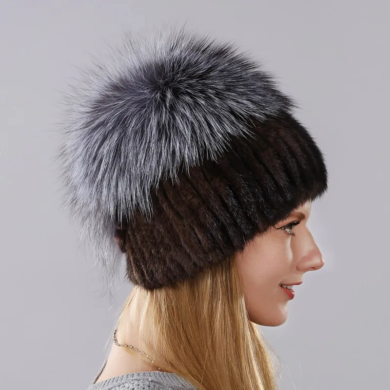 New Style Women's Warm Winter Hat Imported Mink And High-quality Silver Fox Fur Cap With Rabbit Fur Grape Grains Shape Behind