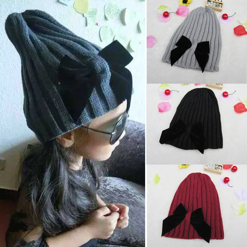 Winter Hat Kids Baby Bowknot Girls Pompon Warm Children Casual Solid Color Kid Knitted Cap For Boys | Детская одежда и обувь