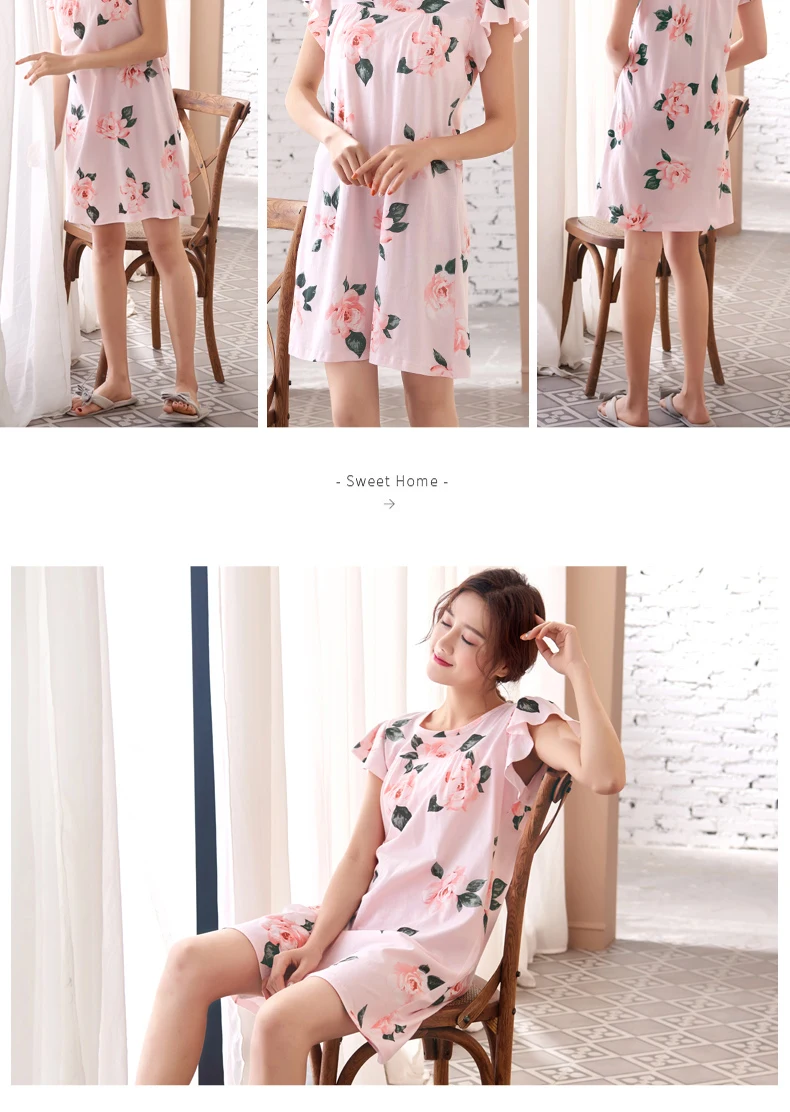 J& Q Pj платье для сна для женщин Лето розовый хлопок ночная рубашка для дам пеньюар с цветочным принтом размера плюс ночная рубашка