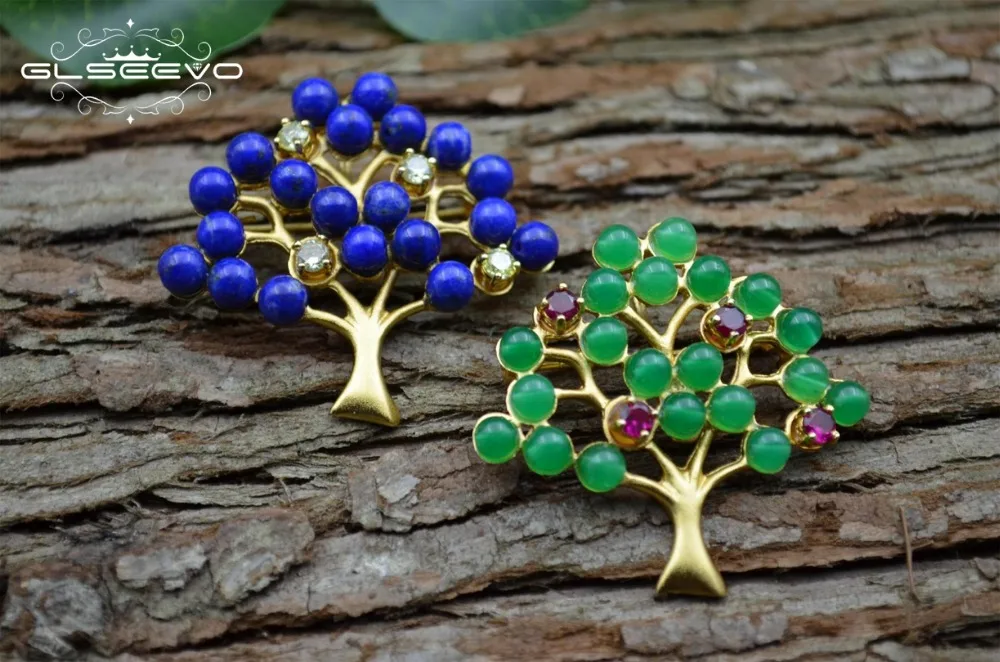 XlentAg Natural Lapis Lazuli Olivine Tree Brooch Pins And Brooches Gifts For Women Accessories Luxury Jewelry Dual Use GO0093 | Украшения и