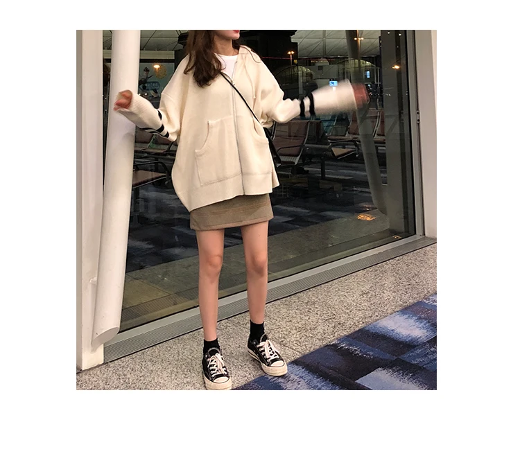 Woherb Harajuku Knitted Cardigan Women Korean Style Modis Striped Print Hooded Sweater Coat Girls Casual Runway Sweaters