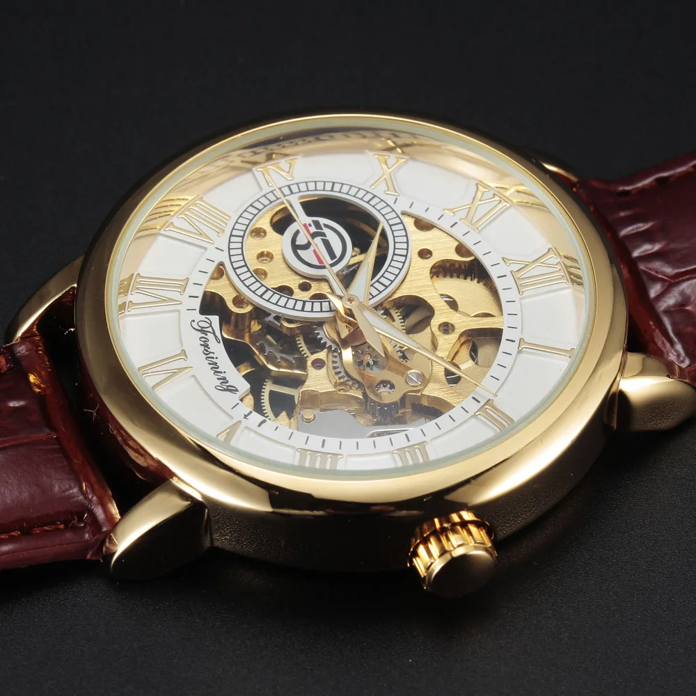 FORSINING 3D логотип дизайн полые гравировка черный золотой корпус кожаный Скелет