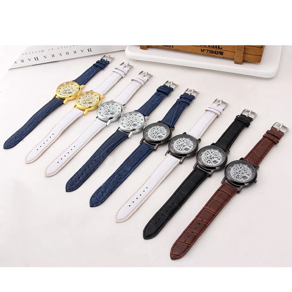 

Fashion Business Skeleton Watch Men Engraving Hollow Reloj Hombre Dress Quartz Wristwatch Leather Clock Watch Relojes Mujer F