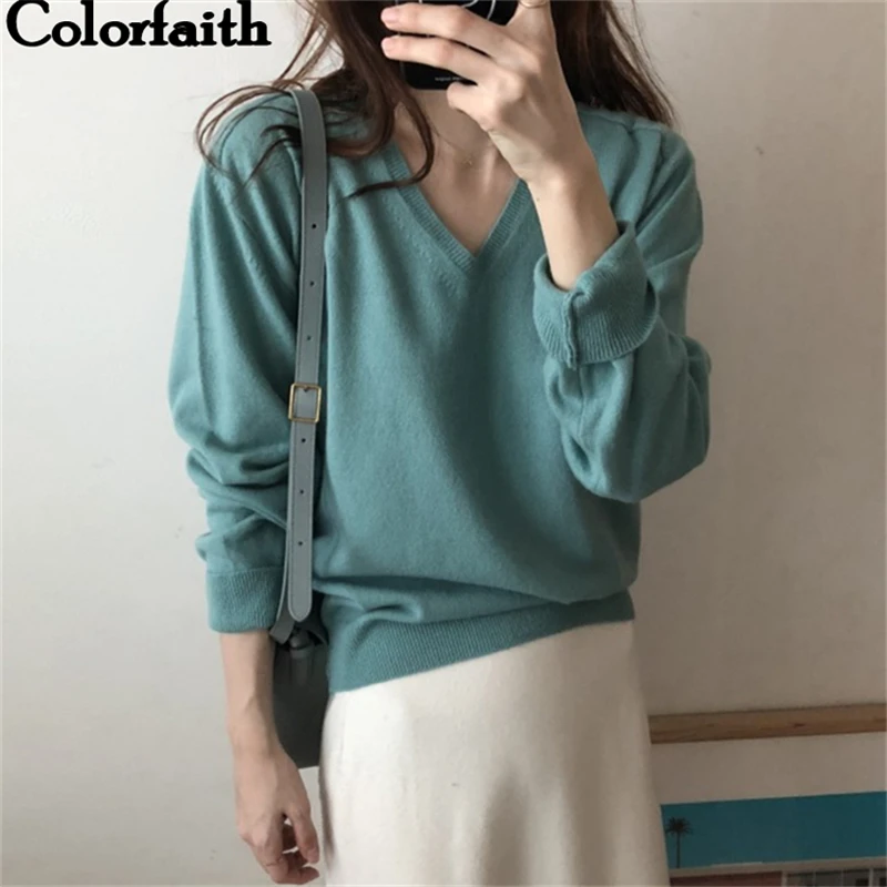 Colorfaith женские Свитера Осень Зима пуловер вязаный с v-образным вырезом Элегантные повседневные однотонные минималистичные свободные топы SW7136