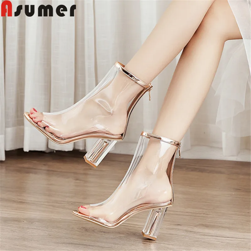 

ASUMER big size summer shoes woman peep toe zip PVC ankle boots for women high heels ladies prom shoes classic dress women boots
