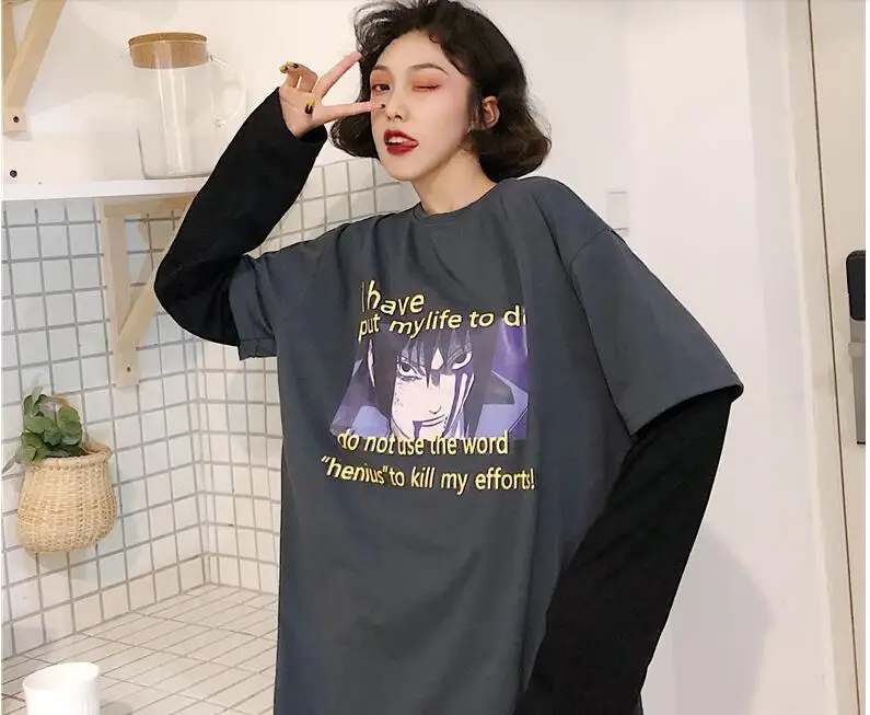 Camisetas Mujer, осенняя женская футболка, Корейская уличная футболка Ulzzang Harajuku с мультяшным принтом, футболка с длинным рукавом, женские топы