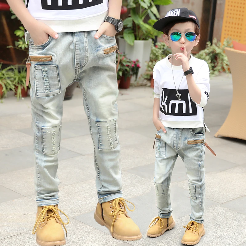 

2019 Big Boy's Jeans Cotton Fashion Teen-age High Quality boy pants Elastic Trousers Full Length Appliques Size 100-160
