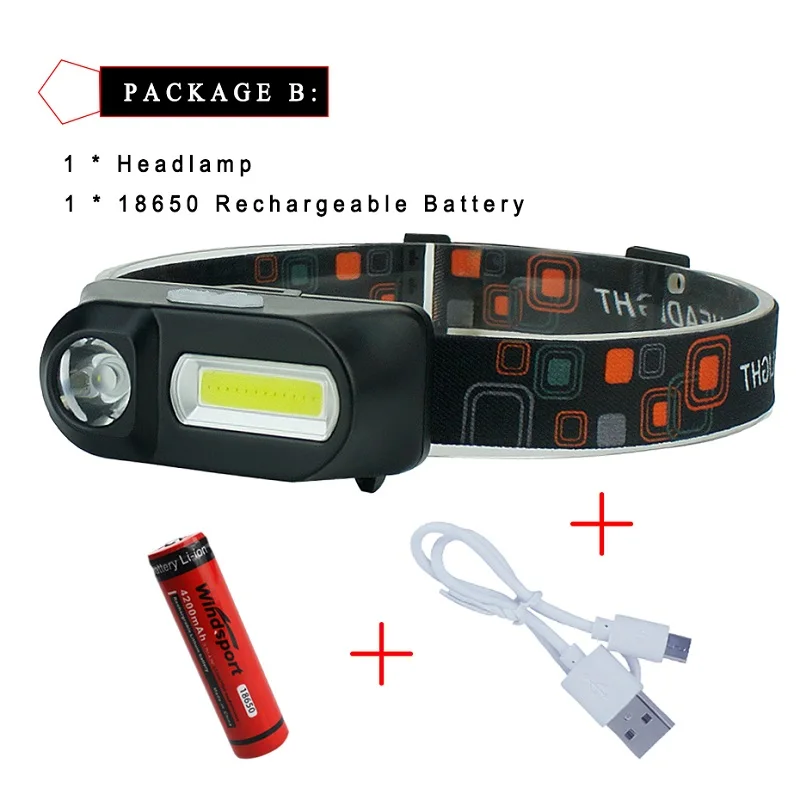 With 18650 Battery Светодиодный налобный фонарь, перезаряжаемый через USB XPE+ COB, светодиодный фонарь, налобный фонарь на лоб, налобный фонарь 18650 для кемпинга, работы, альпинизма - Испускаемый цвет: With 18650 Battery