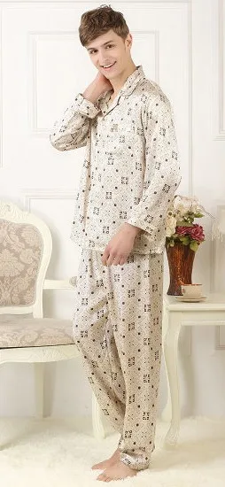 

100%, silk silk pajamas set, men's silk home wear, long sleeve trousers, coffee block printing, big size, loose burst 6