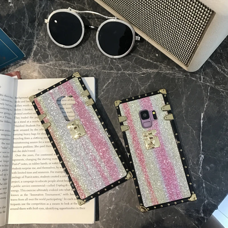 YHBBCASES модные сухие блестки Радужный чехол для samsung Galaxy S10 S8 S9 Plus золотая заклепка квадратная коробка для samsung Note 10 8 9