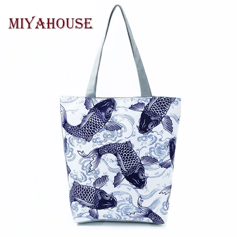 

Miyahouse Wholesale Fish Print Shoulder Bags For Female Casual Canvas Tote Handbag Chinese Traditional Painting Beach Bag