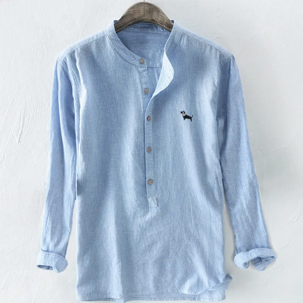 

Men's T-shirt Bagi striped embroidered cotton linen long-sleeve button to add small T-shirt formal business office social dress