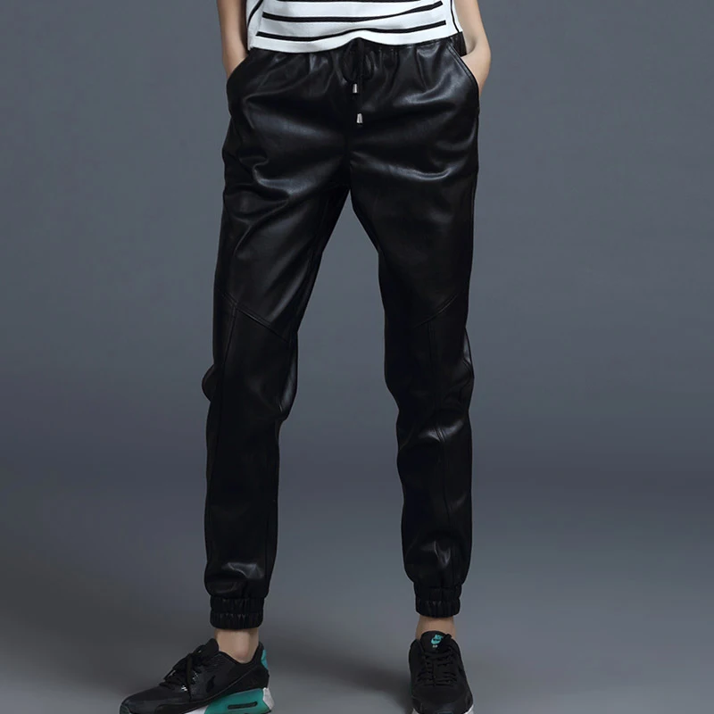 Модные повседневные шаровары из искусственной кожи на шнурке Женские однотонные