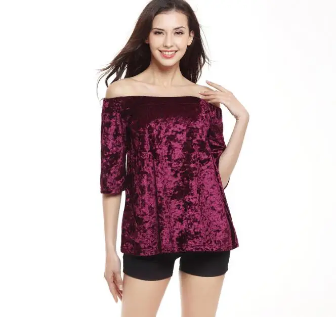 Женщины бархат Майка свободные slash вырезом solid краткое 2017 новый 1233 | Женская