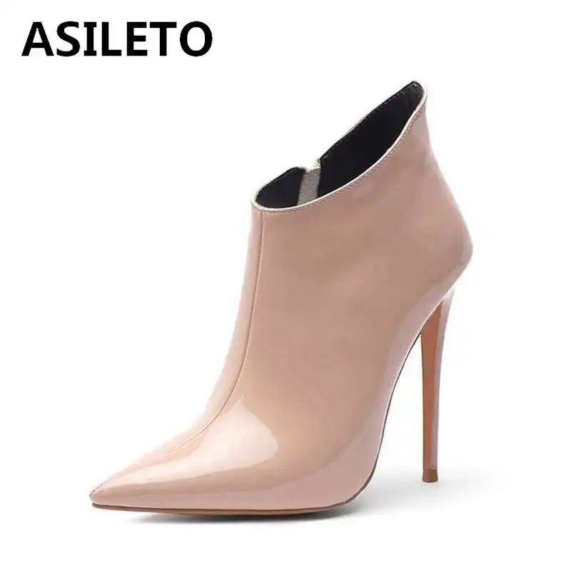 

ASILETO Sexy solid booties pointed toe ankle boots for women super high heels zipper patent leather bottes big size 33-45 bota