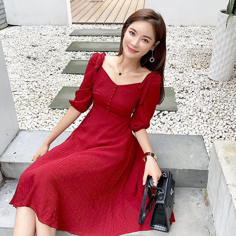 Summer New Short Sleeve Fashion Dress V-neck Buckle Dress Casual Streetwear Solid Color Slim Female Red Women's Dresses