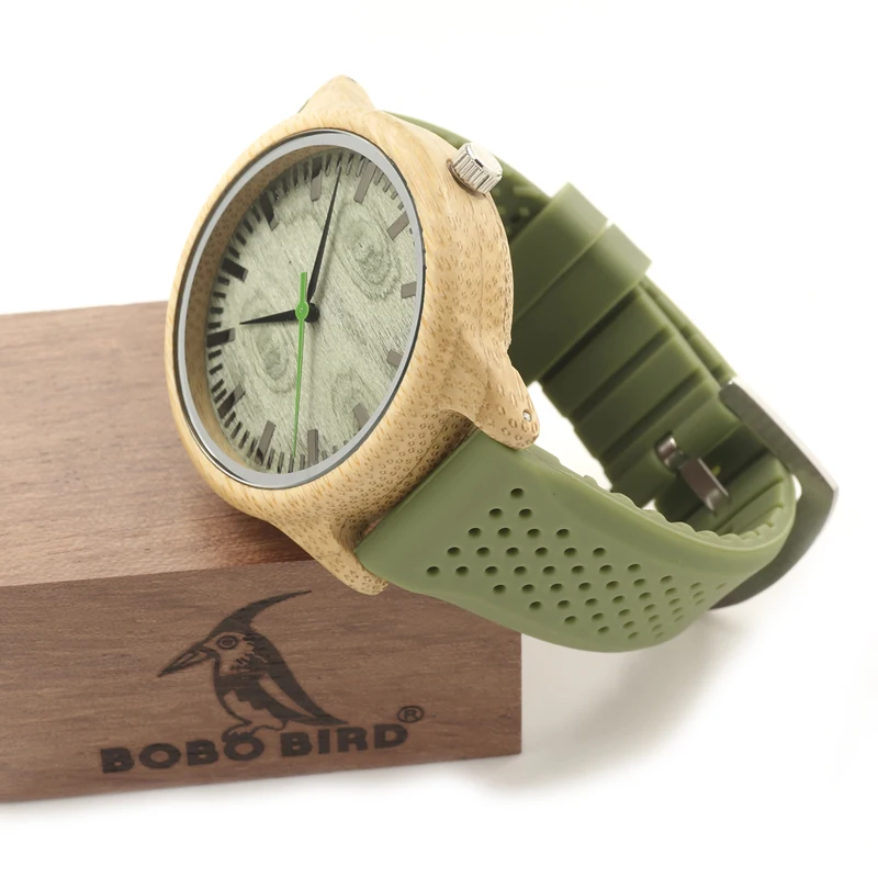 BOBO BIRD B06 бамбуковый чехол с зеленым циферблатом деревянные часы мужские модные кварцевые часы с зеленым силиконовым ремешком holz armbanduhr