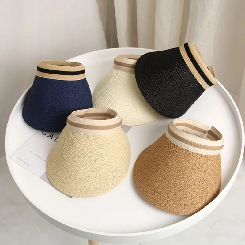 Adult Kids Summer Straw Weave Sun Protection Beach Hat Empty Top Contrast Color Stripe Family Large Wide Brim Clip-On Peaked Cap |