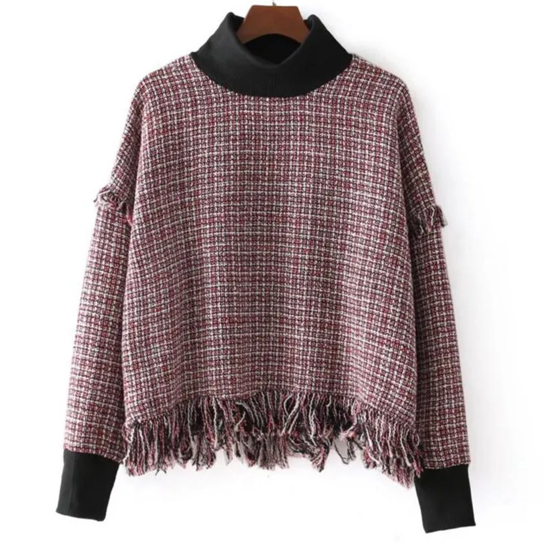 2017 England Patchwork Plaid Knitted Woolen Turtleneck Pullover Sweater Women Full Sleeve Autumn Tassel Jumper Female L1913 | Женская