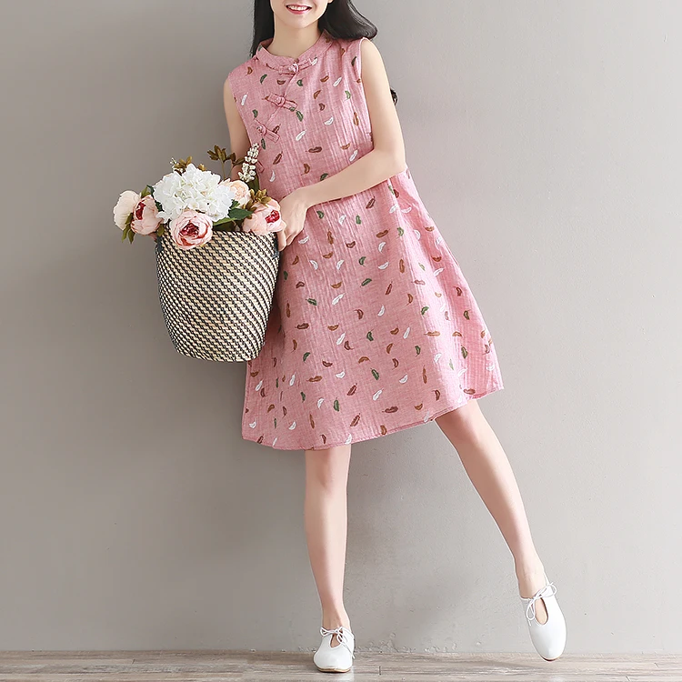 Китайский стиль розовое платье с цветочным принтом сарафан летняя одежда для