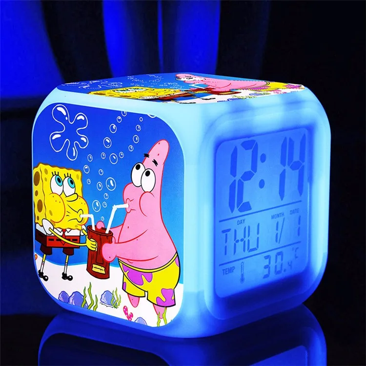 SpongeBob светодиодный Будильник 7 цветов светящийся большой экран цифровой детский будильник подарок на день рождения многофункциональные сенсорные часы - Цвет: Синий