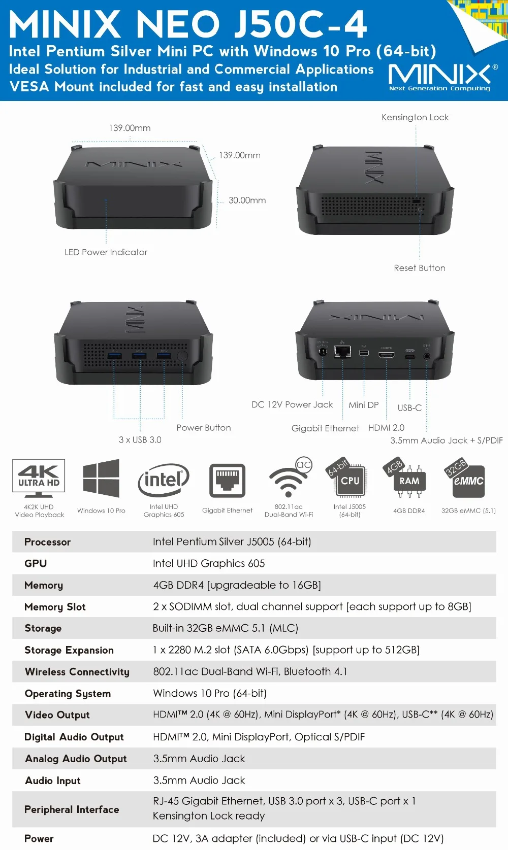 MINIX NEO J50C-4 официальный WINDOWS 10 PRO Серия Мини ПК Intel Pentium серебристый J5005 DDR4 4 ГБ/64 Гб HDMI 2,0 Vesa крепление мини ПК