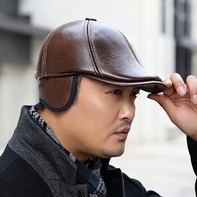 

SILOQIN Winter Men's Genuine Leather Hats With Earmuffs Warm Thickened Cowhide Leather Berets For Adult Men Brand Trends Dad Hat