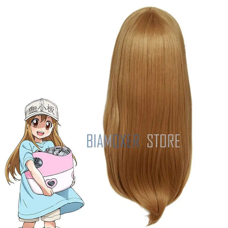 Biamoxer Anime Hataraku Saibou Platelet Cosplay Wigs Cells At Work Long Straight Flaxen Synthetic Hair Wig + Cap |