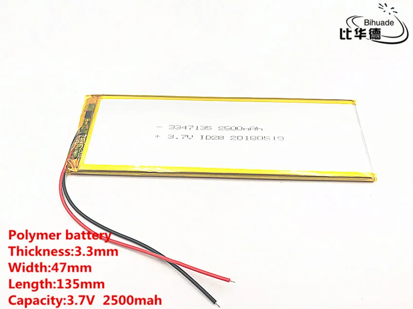 

2pcs 3.7V,2500mAH 3347135 (polymer lithium ion battery) Li-ion battery for tablet pc 7 inch 8 inch TOY,POWER BANK,GPS,mp3,mp4