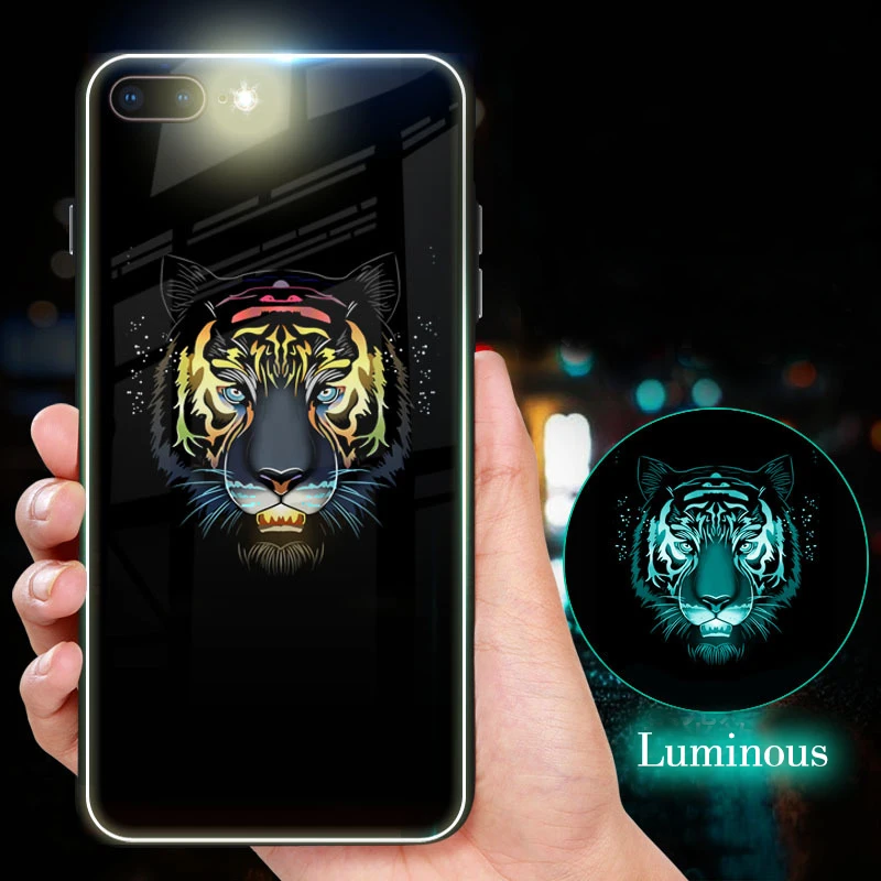 LUOYY FENJJ Luminous Tiger Case for IPhone 6 6s Plus 5 5s SE Hard PC Back Cover Tempered Glass 7 8 X Coque |