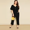 SHEIN Plus Size Button Front Wide Leg Belted Jumpsuit Women Spring Summer Casual V Neck Short Sleeve Longline Jumpsuits