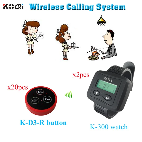 

Официант ресторан Беспроводная система заказа с наручными часами Кнопка передатчик (2 пейджер часов + 20 кнопок колокольчика стола)